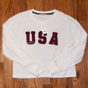 NWT Lucky Brand “USA” Cropped White Crewneck Sweater Women’s Size Small